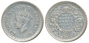 George VI, Half Silver ½ Rupee, 1945, Bombay Mint, D / Ia / dot, Large and Open 5 in Date,