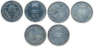 Silver Rupees 50 (3), 1974 Planned Families Food for All; 1975 Equality Development and Pe