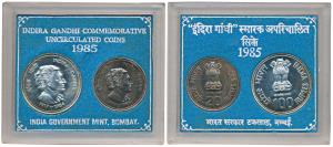1985 Uncirculated Set, Death of Indira Gandhi, set of 2, Rupees 20 and 100. In immaculate 