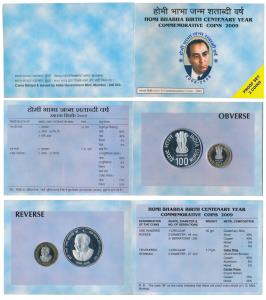 2009 Proof Set, Homi Bhabha Birth Centenary, set of Rupees 10 (bi-metal) and 100. In immac