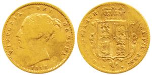 Australia, Victoria, Gold ½ Sovereign, 4g, 1872, Young head, Shield on rev. (KM 735.2). Fi