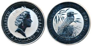 Australia, Queen Elizabeth II, Silver (Dollar) $2, 62.63g, 2 ounce, 1992, rev. Kookaburra 