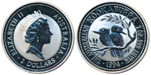 Australia, Queen Elizabeth II, Silver (Dollar) $2, 62.63g, 2 ounce, 1994, rev. Kookaburra 