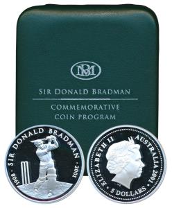 Australia, Sir Donald Bradman, Silver $5, 36.3g, 2001 (KM 761). Proof, within original box