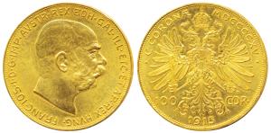 Austria, Gold 100 Corona, 1915, 33.87g, bust of Franz Joseph I, (KM 2819). Uncirculated, R