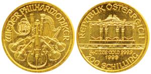 Austria, Post WWII Decimal Coinage, Gold 200 Schilling, 3.11g, 1999, Vienna Philharmonic O