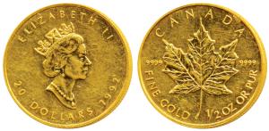 Canada, Elizabeth II, Gold 20 Dollars, 15.55g (½ ounce), 1992, Maple leaf on rev. (KM 190)