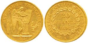 France, Gold 20 Francs, 6.43g, 1896, obv. standing winged Genius writing the constitution 
