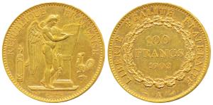 France, Gold 100 Francs, 32.25g, 1902, obv. standing winged Genius writing the constitutio