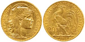 France, Gold 20 Francs, 6.45g, 1912, obv. Liberty head, rev. rooster divides value (KM 857