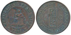 French Indo-China, Copper Cent, 9.69g, 1884, (KM 1).Very Fine+, Rare.