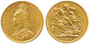 Great Britain, Victoria, Gold Sovereign, 8g, 1890, Jubilee head, St. George slaying a drag