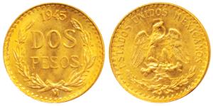 Mexico, Gold Dos or 2 Pesos, 1.67g, 1945, eagle holding a snake in its beak (KM 461). Unci