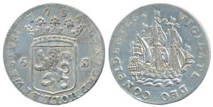 Netherlands, Silver 4.95g, 6 Stuivers, 1754, obv. crowned arms of Holland divides value wi