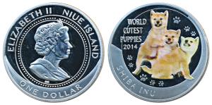 Niue, Elizabeth II, Silver $ 1, 31.1g, 2014, Coloured coin, three puppies. Superb Mint Sta