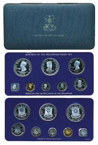 Phillipines Proof set of 8 coins, Silver 50 and 25 Piso, Cupro-Nickle 5 and 1 Piso, 25, 10