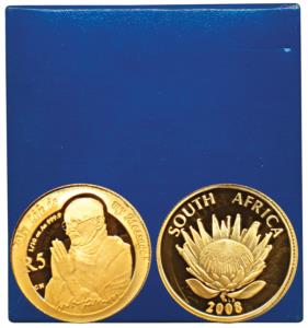 South Africa, Mahatma Gandhi, Gold 5 Rand, 3.11g, 2008, Gandhiji with folded hands on rev.