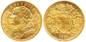 Switzerland, Gold 20 Francs, 6.44g, Bern Mint, 1925 (KM 35.1). Extremely Fine.