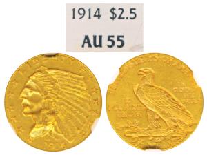 United States of America, Gold $ 2½, 1914, Indian Head on obv., (KM 128). Graded by NGC AU