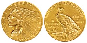United States of America, Gold $ 2½, 4.11g, 1929, Indian Head on obv. motto behind eagle o