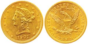 United States of America, Gold $10, 16.65g, 1907, Liberty head on obv., Motto ’In God we t