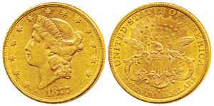 United States of America, Gold $20, 33.4g, 1877, Liberty head on obv., motto above eagle o