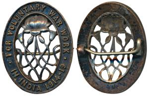 For Voluntary War Work in India, 1914-19, Bronze Badge with Silver work in center. Extreme