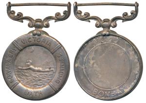 Golvala Brothers Victoria Swimming Bath, Silver Medal, obv. a boy swimming with sun and cr