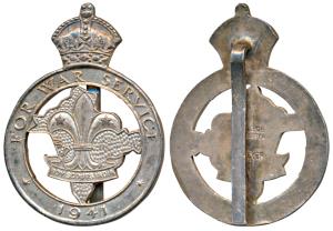 Boy Scouts of India, Silver Badge, 10.95g, For War Service, 1941 written around the map of