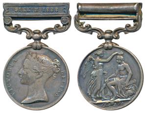 India General Service, Silver Medal, Queen Victoria, Sikkim 1888 bar, rev. Victory crownin