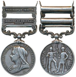 India Medal, Victoria, Silver, Relief of Chitral 1895 and Waziristan 1901-2, 2 bars, award