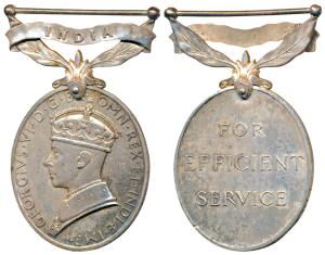 Efficiency Medal, George VI, Silver, India written on a foliated bar, rev. For Efficient S