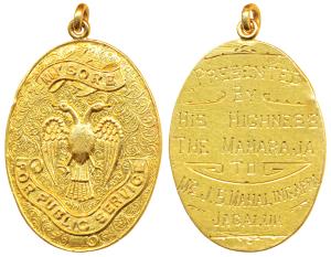 Mysore, Public Service, Gold Medal, 19.42g, obv. Gandabherunda (2-headed mythical bird) wi