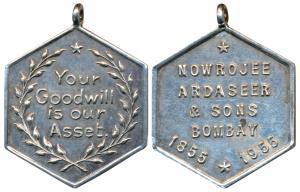 Hexagon Silver Medal, 7.37g, obv. Your Goodwill is our Asset within wreath, rev. Nowrojee 