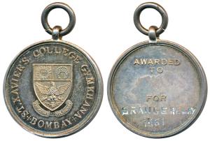 St. Xavier’s College Gymkhana, Bombay, Silver Medal (small), 9.16g, obv. logo of the colle