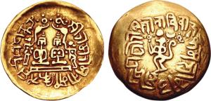 Deccan, (19th century), Gold Scyphate Ramatanka, 7.46g, obv. Ram and Sita enthroned facing
