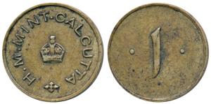 Canteen Token, Brass 1 Anna, 2.71g, obv. H.M. Mint Calcutta written around the British cro