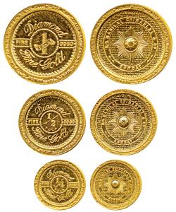 Tola Coinage, set of 3 coins, Diamond Brand, M/s Manilal Chimanlal & Co Bombay, 1 Tola (11