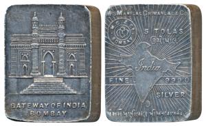 Silver Bar, Ms. Manilal Chimanlal & Co, 5 Tolas, 58.25g, obv. map of undivided India, rev.