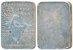 Silver Bar, Ms. Manilal Chimanlal & Co, 10 Tolas, 116.5g, map of undivided India, Uniface.