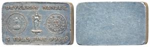 Devakaran Nanji (later Dena Bank), 5 Tolas, Silver Bar, 58.2g, monogram of IG Mint Bombay,