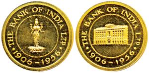 The Bank of India, 1906-1956, Gold Gilt Silver, 26.3g, obv. Laxmi standing on a lotus, rev