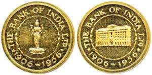 The Bank of India, 1906-1956, Gold Gilt Silver, 26.3g, obv.Laxmi standing on a lotus, rev.