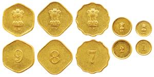 India Government Mint, Gold Token near complete set, 1g, 2g, 7g, 8g and 9g, obv. B.M. (Bom