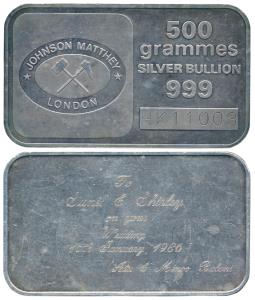 Johnson MattheyLondon, Silver Bullion Bar 500g, 999 Fine, with serial number,rev. To Sunil