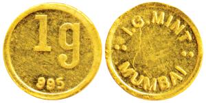 Mumbai Mint, Gold 1g, obv. weight and purity, rev. India Government Mint, Mumbai. Extremel