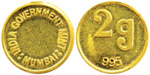 Mumbai Mint, Gold 2g, obv. weight and purity, rev. India Government Mint, Mumbai. Extremel