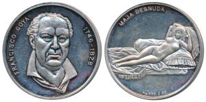 Painter Francisco Goya, Silver Medallion 62.3g, rev. La Maja Desnuda, a famous painting by