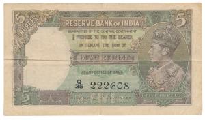 George VI, Rupees 5, 1st Issue, 1944, signed C. D. Desmukh, (Jhun 3.2). Very Fine.