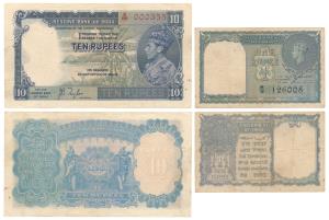George VI, Rupees 10, 1st issue, 1938, signed J. B. Taylor; Rupee 1, 1944, signed C. E. Jo